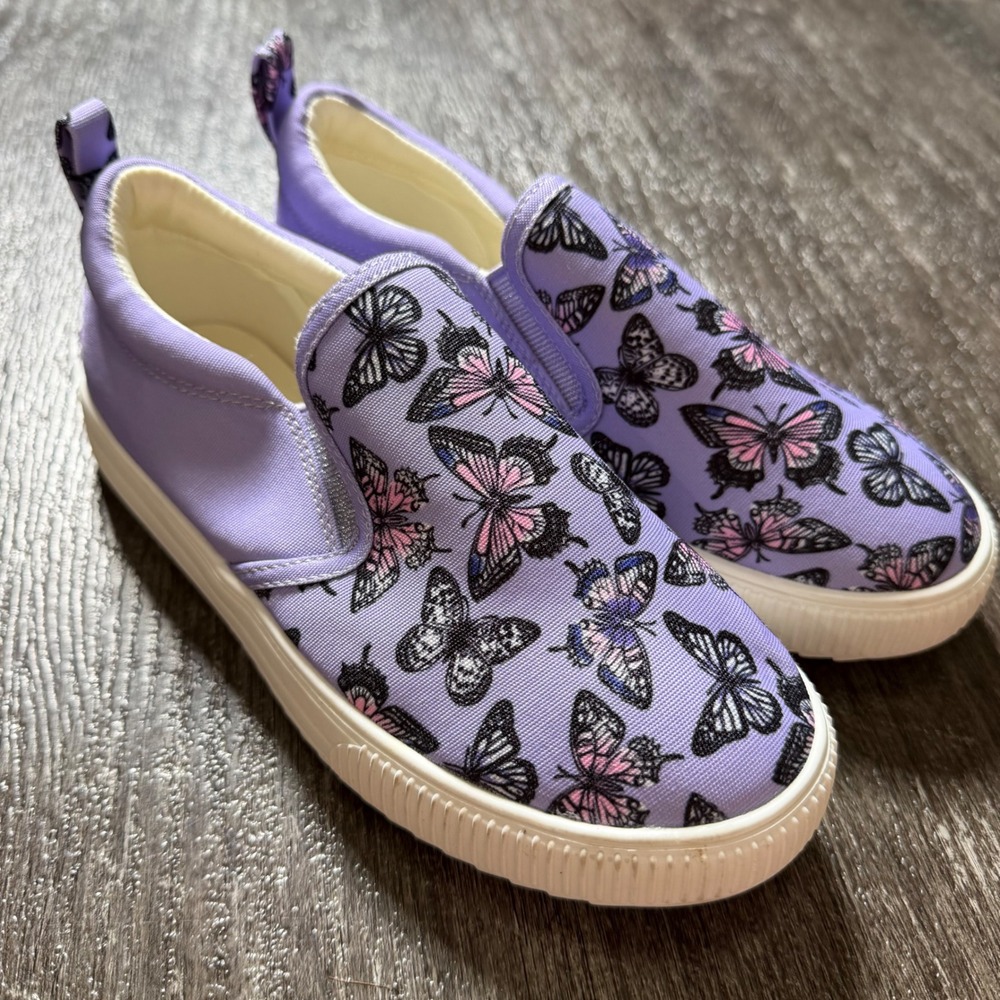 SO Butterfly Slip On Sneakers Kids Size 2 Purple Canvas Memory Foam Casual Shoes